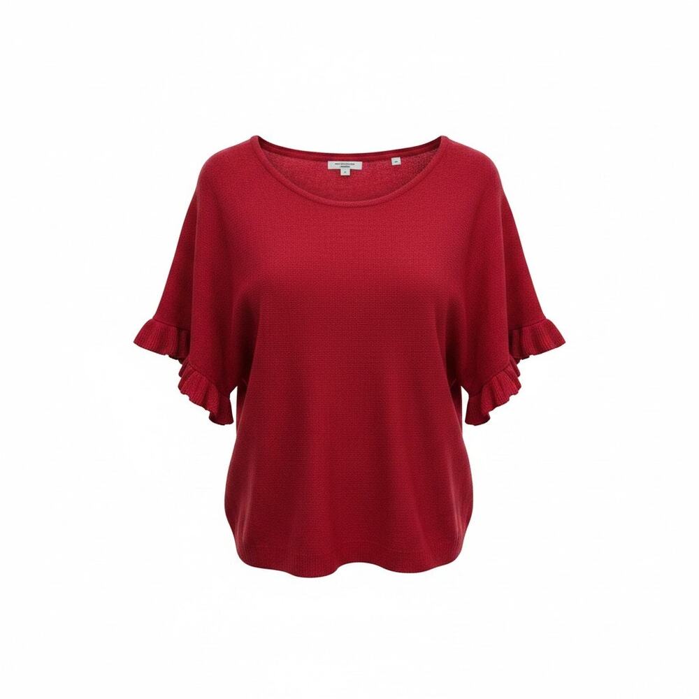 NEW $128 Max Studio Red Ruffle Boxy Oversized Short Sleeve Knit Sweater Large